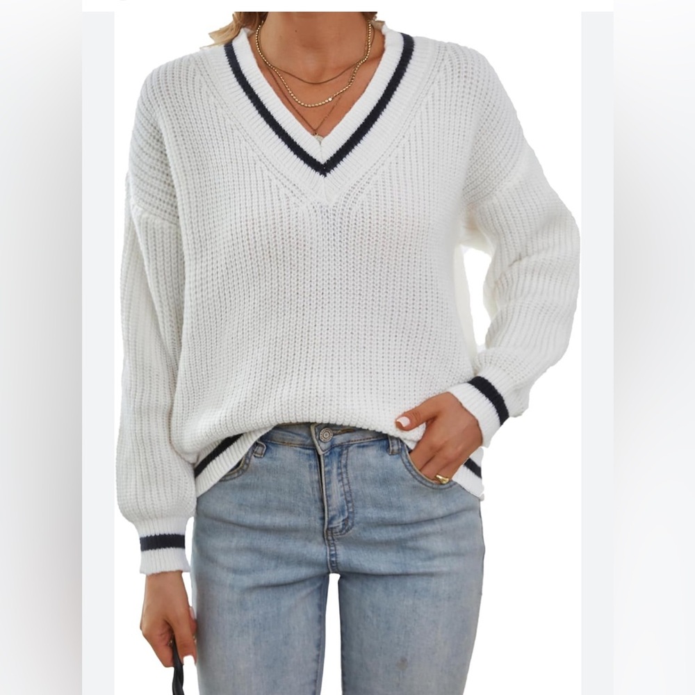 White Cable Knit V Neck Tunic Sweater